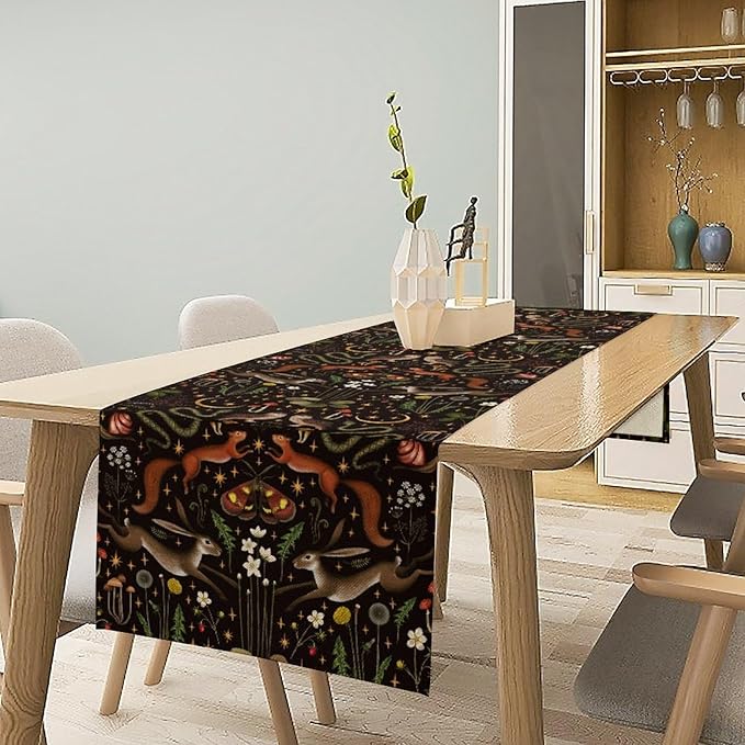 Rustic Forest Table Runner, Fairy Tale Forest Woodland Wild Animals Moths Flowers Table Runner for Farmhouse Cottage Kitchen Dining Table Decor Indoor Outdoor Party, 13x70inch