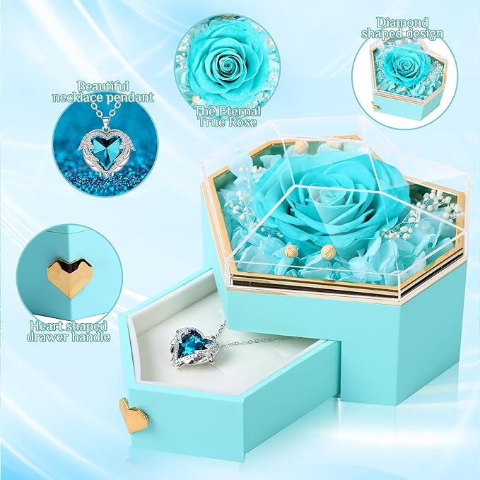 Preserved Cyan Real Rose with Necklace Forever Flowers Diamond shaped Box for Mom Wife Girlfriend Grandma on Mothers Day Birthday Valentines Christmas Anniversary Beatiful Gifts for women