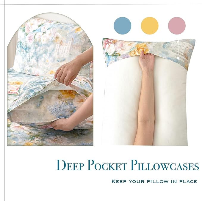 Zusbest Full Size Sheets Luxury Floral Bed Sheet Set 100% Cotton, Satin Weave Soft Breathable for Hot Sleepers Romantic Peony Flowery Printed Cottagecore Bedding Deep Pocket 17.5‘’ Bed Set 4Pcs