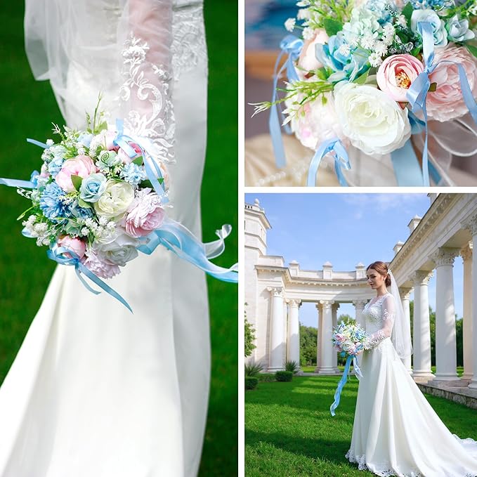 8.6in Wedding Bouquets for Bride Bridesmaid, Baby Blue Blush Pink Creamy White Bouquet with Crystal Pastel Flowers Artificial Fake Silk Roses for Wedding Rainbow Spring Beach Decoration Toss Bouquet