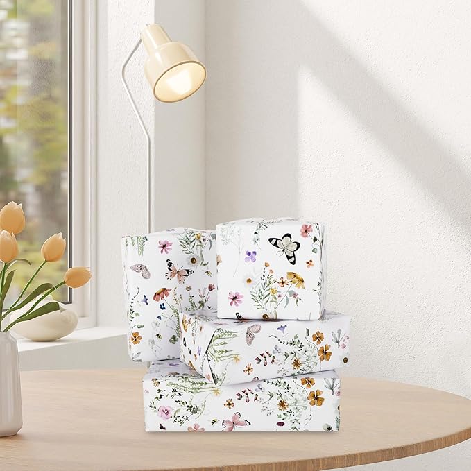 JarThenaAMCS Wildflower Wrapping Paper -Mini Roll- 17 Inch x 32.8Ft Watercolor Floral Butterfly Gift Wrap Paper Spring Art Paper for Wedding Bridal Baby Shower DIY Craft