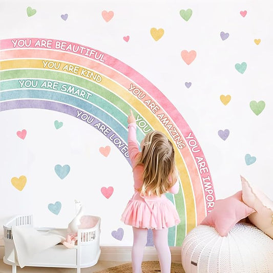 Large Rainbow Wall Sticker Watercolors Inspirational Wall Decal Baby Girls Bedroom Walls Decor Half Rainbow Decals Peel and Stick Pastel Pink Vinyl Art Mural Sticker for Toddler Playroom Kids Nursery