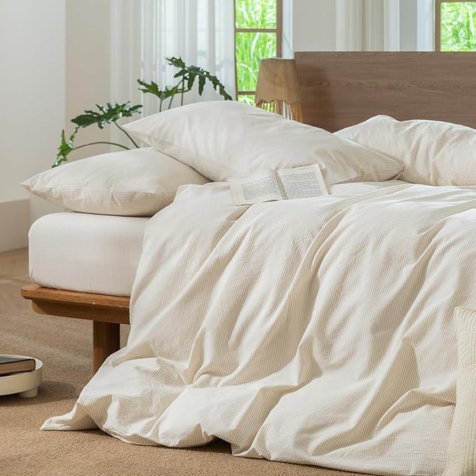 MooMee Striped Duvet Cover Set 100% Washed Cotton Linen Like Textured Breathable Durable Soft Comfy (Almond Milk Grey Pinstripes, Alaska King 132"x120")