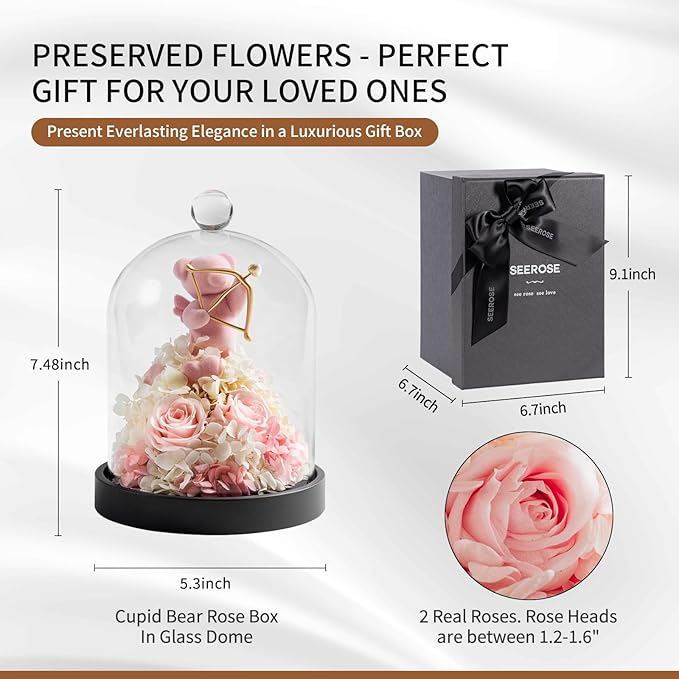 SEEROSE Preserved Rose with Cupid Bear in Glass Dome, Eternal Real Rose Romantic Gift for Her, Women, Mom, Wife, Girlfriend, Valentine’s Day, Mother’s Day, Christmas, Birthday (Cupid Bear, Pink)