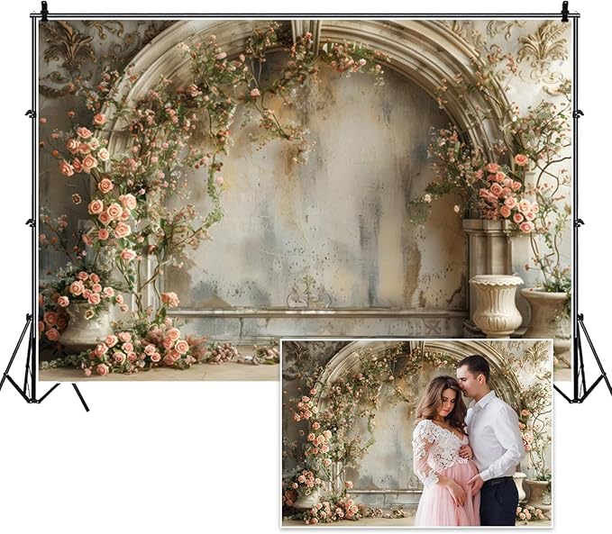 Vintage Wedding Backdrop 7x5ft Pink Rose Flower Boho Floral Retro Arch Wall Rustic Medieval Building Background Photography Bridal Shower Baby Shower Anniversary Birthday Tea Party Decor