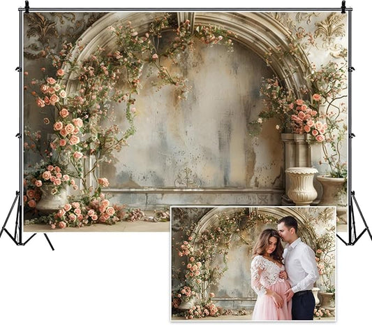 6x4ft Vintage Castle Wall Photography Backdrop Pink Rose Flower Arch Spring Floral Medieval European Building Background for Wedding Mothers Day Bridal Shower Birthday Newborn Decoration