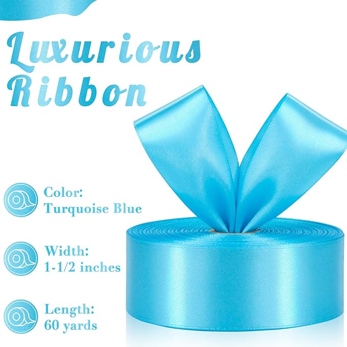 Turquoise Blue Ribbon 1-1/2 Inch, 60 Yards Turquoise Blue Satin Ribbon for Gift Wrapping, Fabric Ribbon for Flower Bouquet Crafts Wedding Christmas Easter