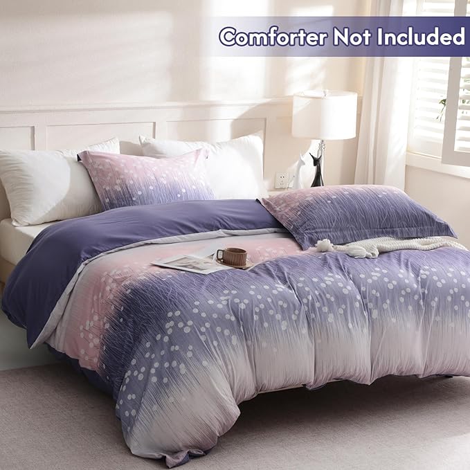 LONAVA King Patchwork 3 Pcs Duvet Cover Set, Breathable Soft Microfiber Purple Lining Comforter Cover with Zipper Closure, and 2 Anti-Pilling, Fade Resistant Pillowcases, Purple Blossom