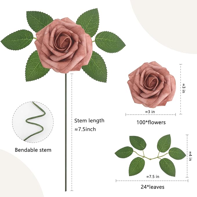 100PCS Warm Taupe Artificial Flowers Roses Real Looking Foam Fake Roses with Leaves for DIY Wedding Bouquets Bridal Shower Party Decorations (Warm Taupe, 100)