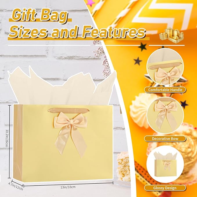 Bloomwords 13" Gold Gift Bag Set - 1 Large Paper Bag with Bow, Greeting Card & 2 Tissues, Sturdy Handles for Birthdays, Party & Special Occasions