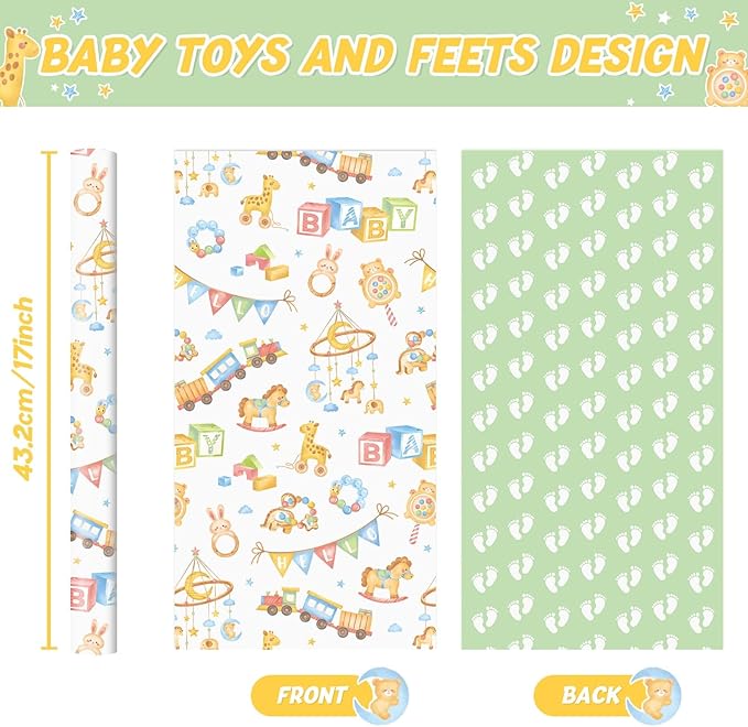 WERNNSAI Baby Shower Wrapping Paper Roll - 1 Roll 17”x 16.4ft Gender Neutral Baby Gift Wrap Newborn Toys Design Gift Packing for Boy & Girl Party Decor Reversible Footprint Print