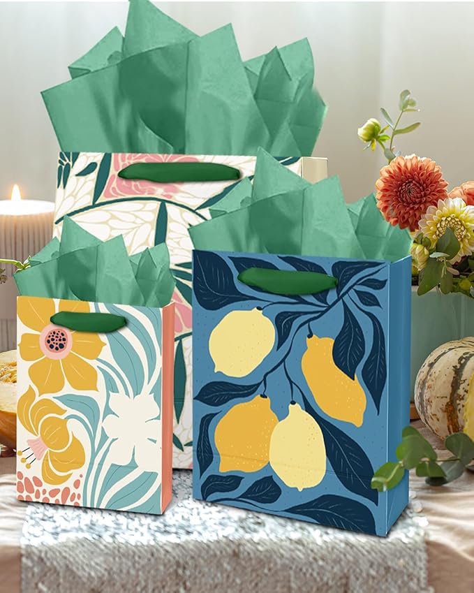 qiqee Clash Flowers Gift Bags with Tissue Paper Mulit Assorted Sizes 10PCS Present Party Favor Birthday Bags(2pcs Large 13", 4pcs Medium 9", 4pcs Small 6"，30pcs Tissue Paper)