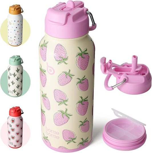 BOTTLE BOTTLE 32oz Insulated Water Bottle Stainless Steel Sport Water Bottle with Straw Dual-use Lid Design for Gym with Pill Box