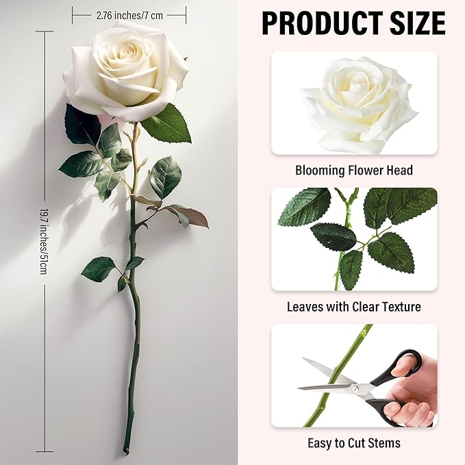 20PCS Artificial Roses with Long Stems - Realistic Silk Flowers, Fake Roses Real Touch Bouquet of Roses for Home Decor, Bridal Wedding Party Table Centerpieces, Bulk Faux Rose Flowers (White)