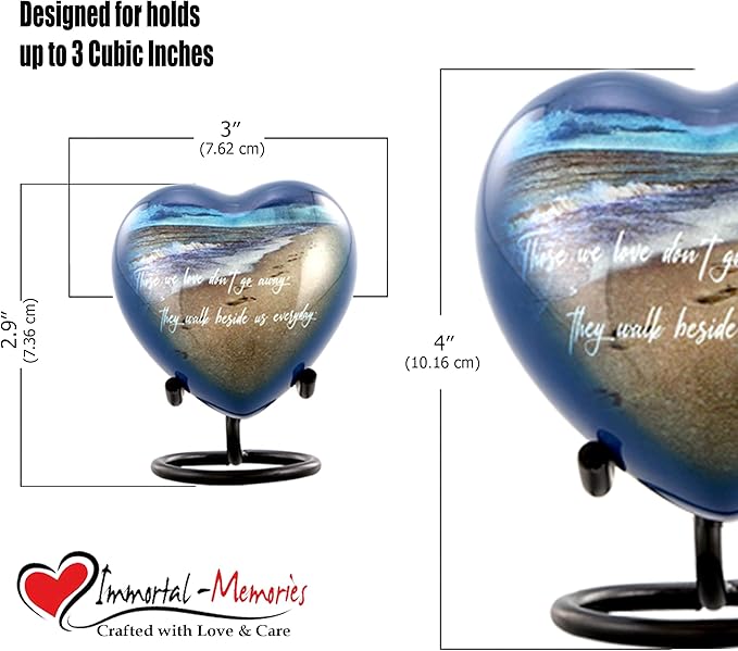 Footprints Heart Keepsake Urn - Footprints Mini Cremation Urn for Ashes - Miniature Beach Sharing Urns - Memorial Blue Beach Urn with Dispaly Stand, Premium Box & Velvet Bag (Heart Keepsake)