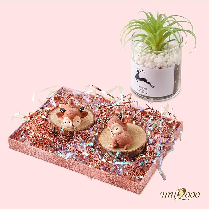 UNIQOOO 1/2 LB Metallic Iridescent Rose Gold Crinkle Cut Paper Shredded Filler, Rosy Pink Gold Grass Raffia Tissue, Strands Shred Craft Bedding Cushion Paper, for Christmas Wedding Mothers Day Bridesmaid Engagement Gift Boxes Bags Retail Decoration