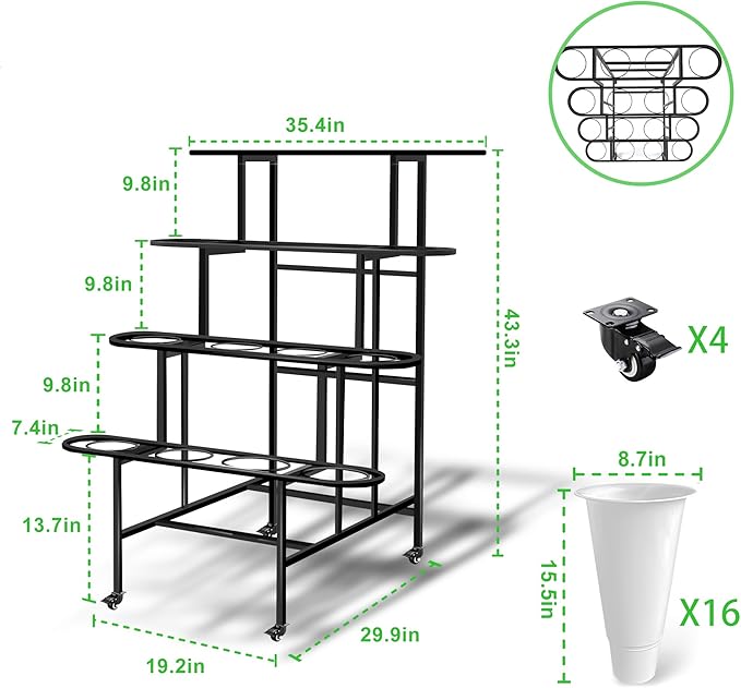 Flower Display Stand with 16PCS Buckets, 4 Layers Flower Cart Display Stand with Wheels Heavy Duty Metal Flower Bar Stand for Florist Shop, Patio Garden and Living Room - Black