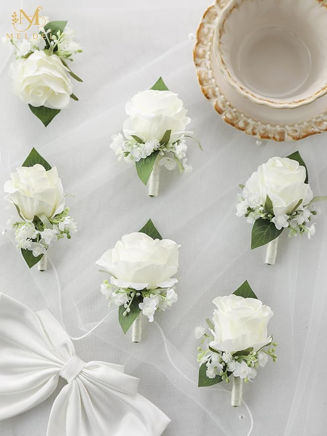 Meldel White Boutonniere for Men Wedding,Set of 6,Groomsmen Groom and Best Man Boutonniere for Wedding Prom, Rose Boutonniere for Men Wedding Ceremony Anniversary Party Homecoming