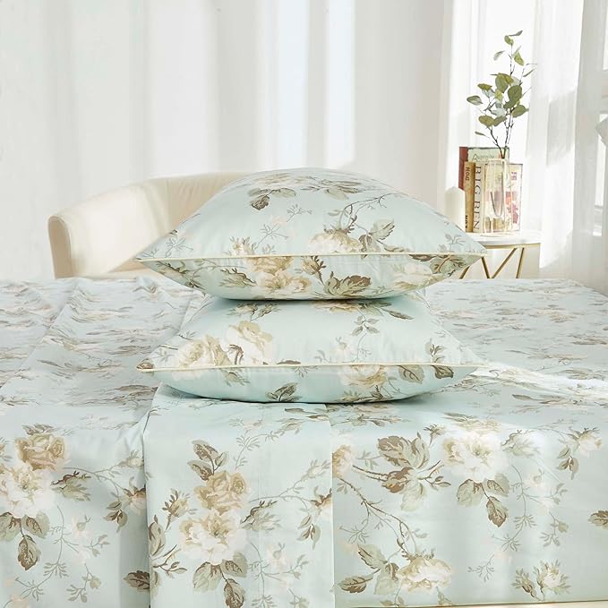 Brandream French Country Sheet Set Twin Size Garden Toile Floral Print Bed Sheet Set 800 Thread Count 100% Egyptian Cotton Deep Pocket Tapestry Pattern Chinoiserie Peony Blossom Tree, 4Piece