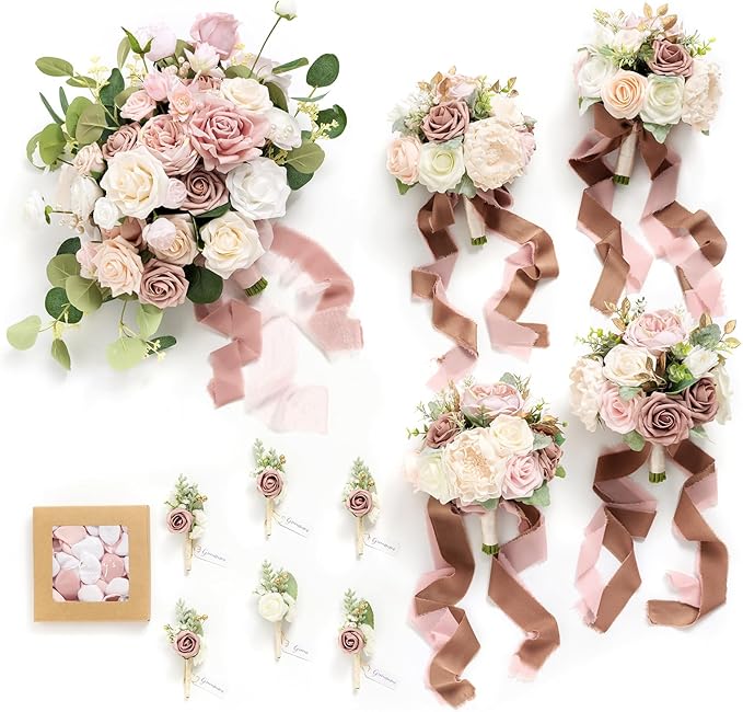 Ling's moment Wedding Artificial Flowers Package, Bridal Bouquet, Bridesmaid Bouquets, Boutonniere for Men, Rose Petals.Dusty Rose Cream