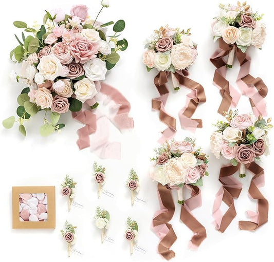 Ling's moment Wedding Artificial Flowers Package, Bridal Bouquet, Bridesmaid Bouquets, Boutonniere for Men, Rose Petals.Dusty Rose Cream