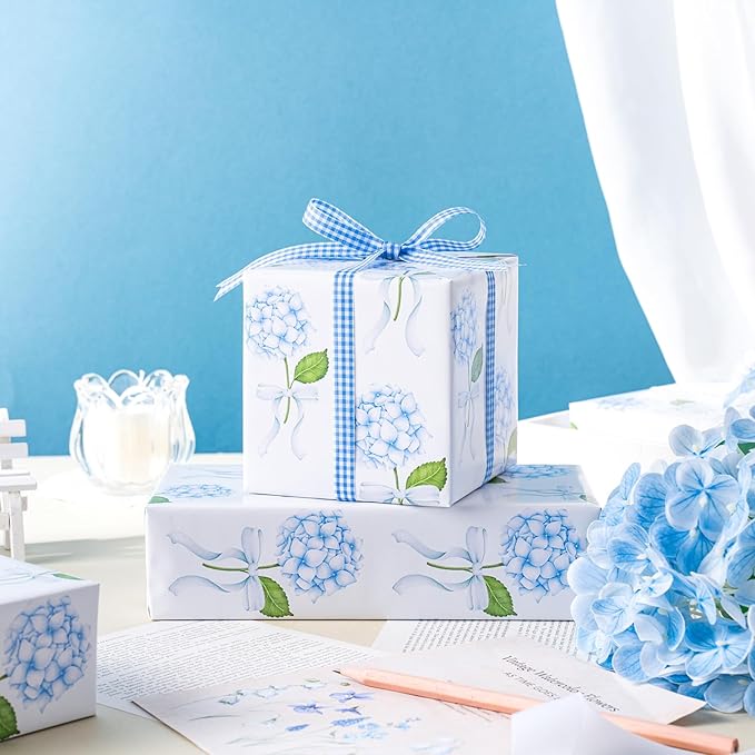 LeZakaa Blue Hydrangea Wrapping Paper Roll for Girls Women, Hydrangea Flowers & Bows Design for Wedding, Bridal Shower, Baby Shower, Mother's Day, DIY Bouquet, Mini Roll, 17 inches x 16.4 Feet
