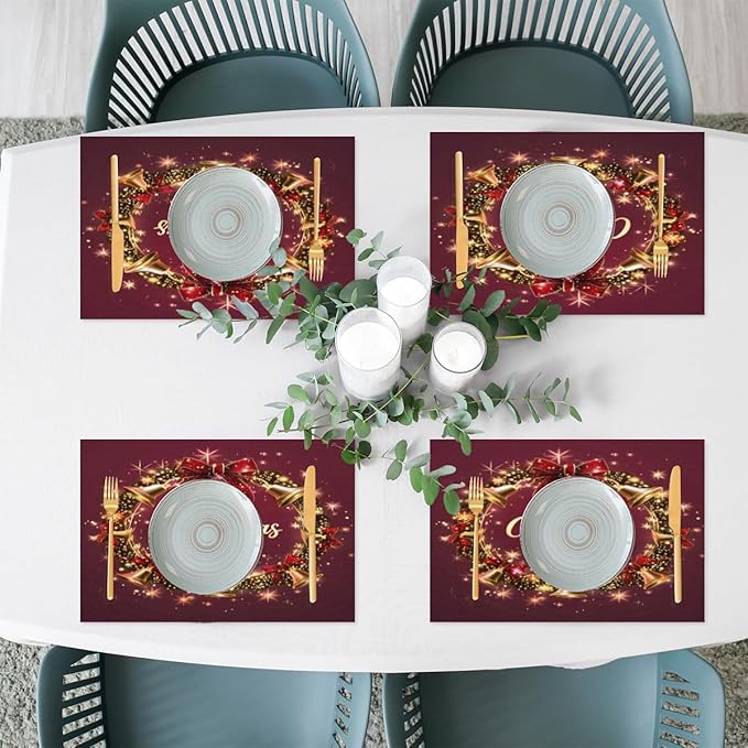 Xmas Christmas Bells Red Placemats Set of 6 PVC Vinyl Non Slip Table Mats Heat Resistant Place Mats Washable Wipeable Dining Table Mat for Kitchen Decor Party Indoor Outdoor Decorative Gift