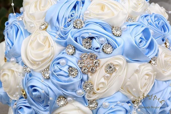Bridal Wedding Bouquet Round Bling Brooch Bouquet Throw Toss Artificial Rose Flower Bunch for Bride Bridesmaid Wedding Quinceanera(Light Blue & Ivory, 8.7")