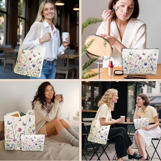 Flower Plant Lover Gifts for Women Canvas Tote Bag with Makeup Bag Cosmetic Bags Grocery Bags for Shopping Christmas