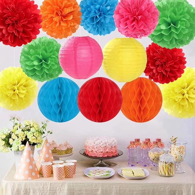 Rainbow Colourful Paper Flowers Tissue Pom Poms Honeycomb Lanterns 15pcs Party Decorations for Mexican Fiesta Cinco De Mayo Taco Carnival Birthday Wedding Baby Shower Hanging Decor Mprocherify