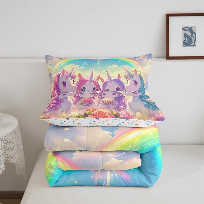 Castle Fairy Kawaii Unicorn Comforter Set Twin Size,Cartoon Cute Unicorn Horse Animal Reversible Bedding Set for Kids Boys Men,Stars Rainbow Watercolor Flowers Quilted Duvet Set with 1 Pillowcase