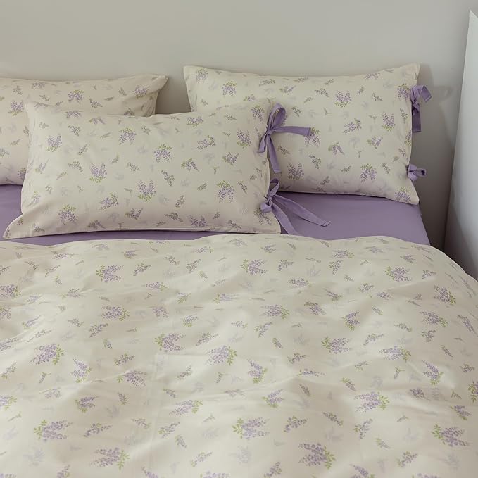 VM VOUGEMARKET Purple Flower Comforter Set King,Vintage Botanical Bedding Set 1 Lavender Floral Comforter and 2 Pillowcases with Bowknot for Women(3pcs,104x90Inch)