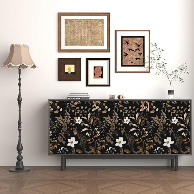 Black Floral Wallpaper Peel and Stick Boho Wallpapers 17.5" x 118" Gold Leaf Contact Paper for Cabinets Waterproof Self Adhesive Removable Wall Paper for Kitchen Table Countertop Walls
