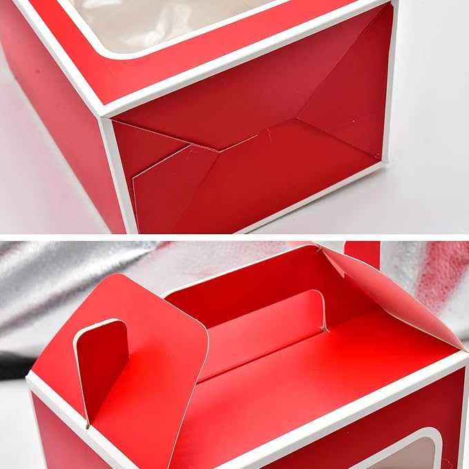 Enorteen 12 Pcs Clear Gift Bags with Transparent Window Gift Boxes Candy Boxes Tote Paper Bags Flower Boxes Bouquet Bags for Bridal Shower Present Festivals Party (Red)