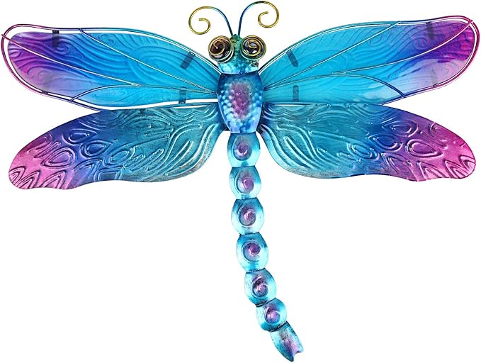 John's Studio Metal Dragonfly Wall Decor Bathroom Glass Art Iron Sculpture Outdoor Orange Hanging Decoration for Home Bedroom Garden Patio Porch or Fence - Blue