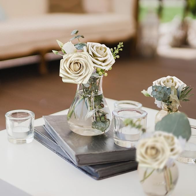 Artificial Flowers, 25pcs Champagne Light Gold Rose for DIY Wedding Bouquets Centerpieces Arrangements, Artificial Rose with Stem for Bridal Shower Party Home Decorations