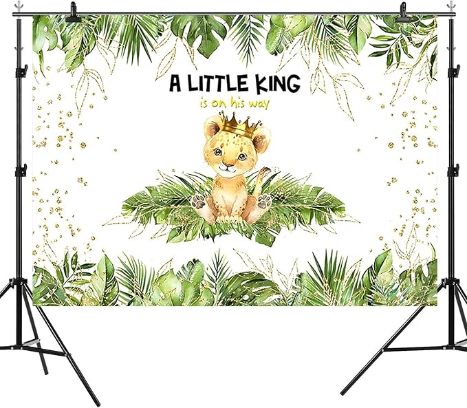 8x6ft Baby Shower Backdrop A Little King is On His Way Photography Background Lion Crown Jungle Forest Green Leaf Kid Birthday Party Banner Decorations Newborn Portrait Photo Booth Prop