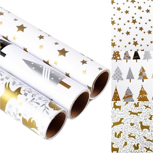 Miss DuiDui Christmas Gift Wrapping Paper, 3 Rolls, 17 inch x 9.8 feet, Gold Stars Animals Trees Xmas Design for Christmas, Party, Kids Boys Girls, Baby Shower, Holiday