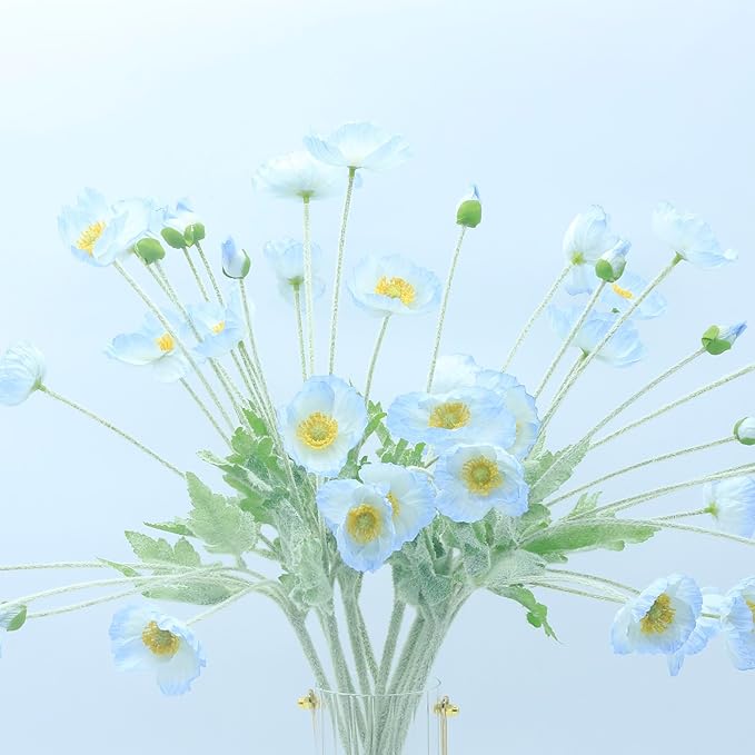 2 Pcs Artificial Fake Flowers Plants Poppies Silk Flower Arrangements Wedding Bouquets Decorations Plastic Floral Table Centerpieces for Home Kitchen Garden Party Decor Approx 23.6" High - Light Blue