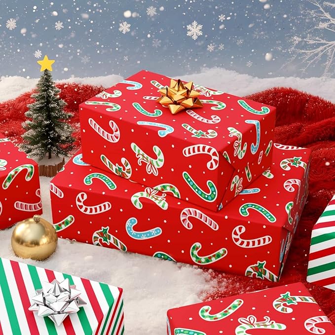 WERNNSAI Candy Cane Christmas Wrapping Paper - 1 Roll 17”x 33 ft Red Christmas Wrapping Paper for Kids Reversible Candy Cane and Stripe Gift Wrap for Xmas Holiday Winter Party Celebration
