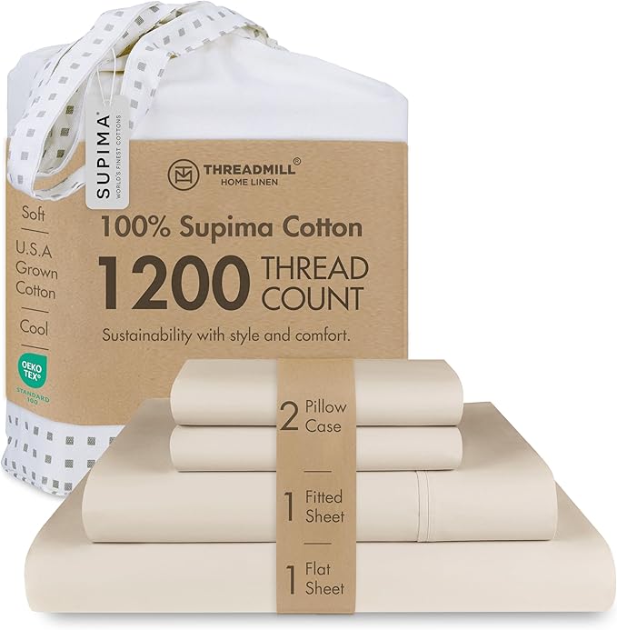 Threadmill Supima Cotton Sheets, 1200 Thread Count Soft 100% Cotton Sheets for Cal King Size Bed, 4 Pc Beige Cal King Bed Sheets Set, 5-Star Hotel Quality with Elasticized Deep Pocket King Sheet