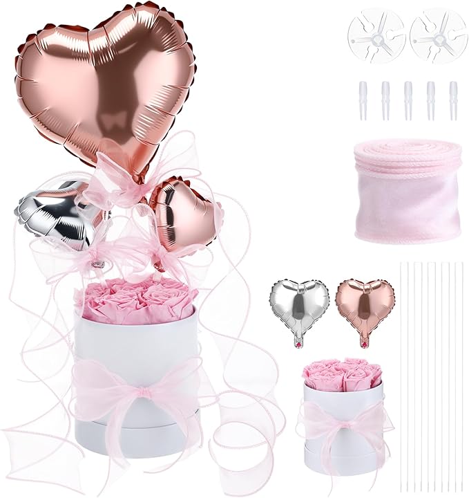 Pink Preserved Roses in Box 7 Preserved Forever Flower in a Round Box Last 1-3 Years with Heart Balloon Christmas Surprise Gift for Women Loved One Mom Valentines Anniversaries Need Assembly