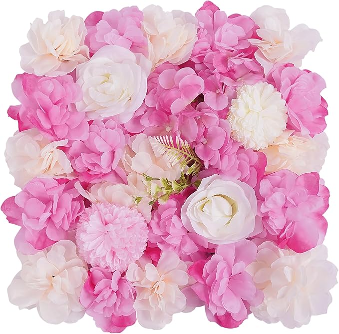 12Pcs Artificial Flower Wall Panel 3D Floral Backdrop Wall 15" X 15" Flower Wall Decor Panel Flower Wall Backdrop Faux Flower Panel for Party Home Background Decor, Pink