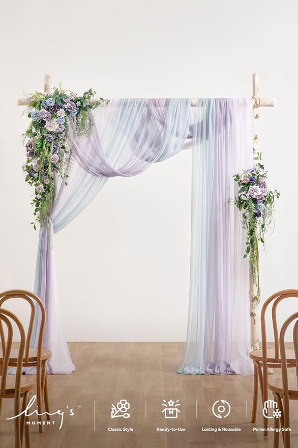 Ling's moment Deluxe Wedding Arch Flowers with Sheer Drapes Kit - Artificial Pruple and Sage Floral Arrangements for Ceremony Backdrop, Arbor Decor, 5-Piece Set (2 Flower Stems + 3 Hanging Drapes)
