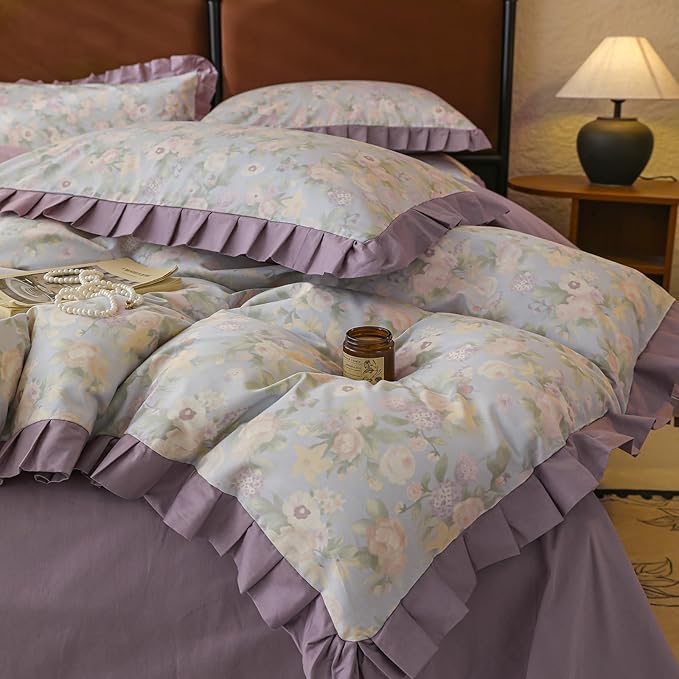 Purple Ruffle Duvet Covet Set Queen Cute Flower Comforter Cover Princess Style Lace Bedding Set Vintage Floral Duvet Cover for Teen Girls Romantic Ruffle Comforter Cover Floral Aesthetic Bedding Set