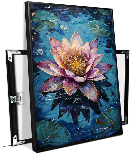 Gorgeous pink and purple water lilies on deep blue water Eye-catching oil painting Serene aquatic wall art for modern home decor 8x12in Metal blackFramed