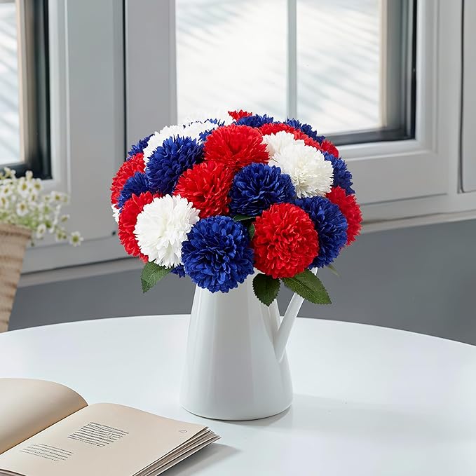 SITUMEIZI 12 Pcs Artificial Chrysanthemums Flowers Ball Flower Fake Mums Silk for Wedding Home Kitchen Decoration Floral Arrangement(Red,Blue,White)