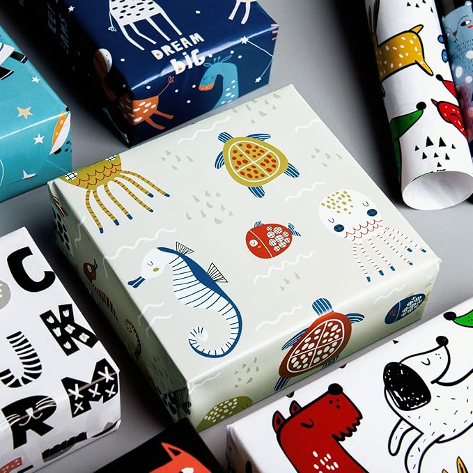 WRAPAHOLIC Wrapping Paper Sheet - 12 Sheets Cute Animal Design for Birthday, Holiday, Party, Baby Shower - 17.5 Inch x 39.3 Inch Per Sheet