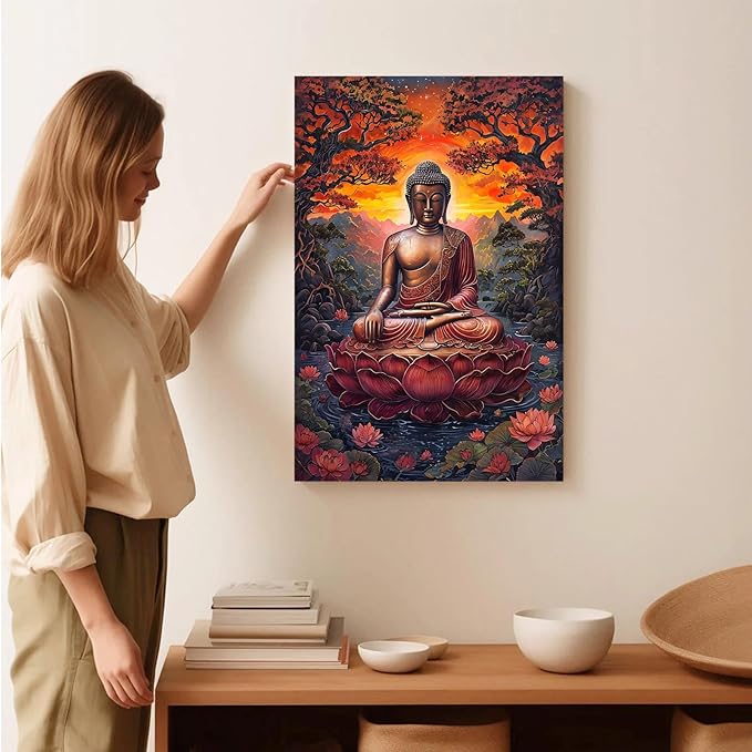 Golden Buddha on lotus seat serene meditation statue amidst lush trees flowing water and sunrise light spiritual home art for a tranquil decor 24x36in Wood Framed