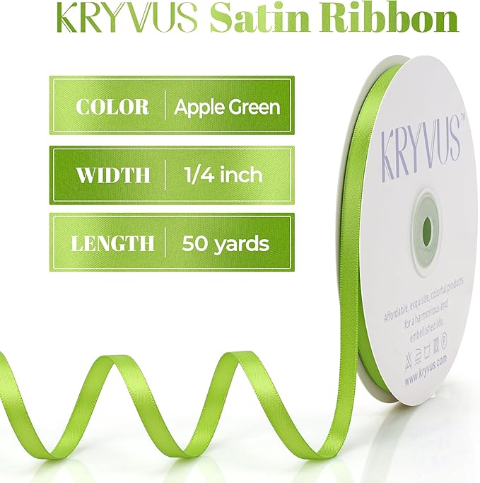Apple Green Satin Ribbon, Double Faced 1/4 Inch X 50 Yards Apple Green Ribbon, Premium Satin Ribbon for Gift Wrapping, Crafts, Hair Bow Making, Sewing, Flower Bouquet, Wedding Party Decor